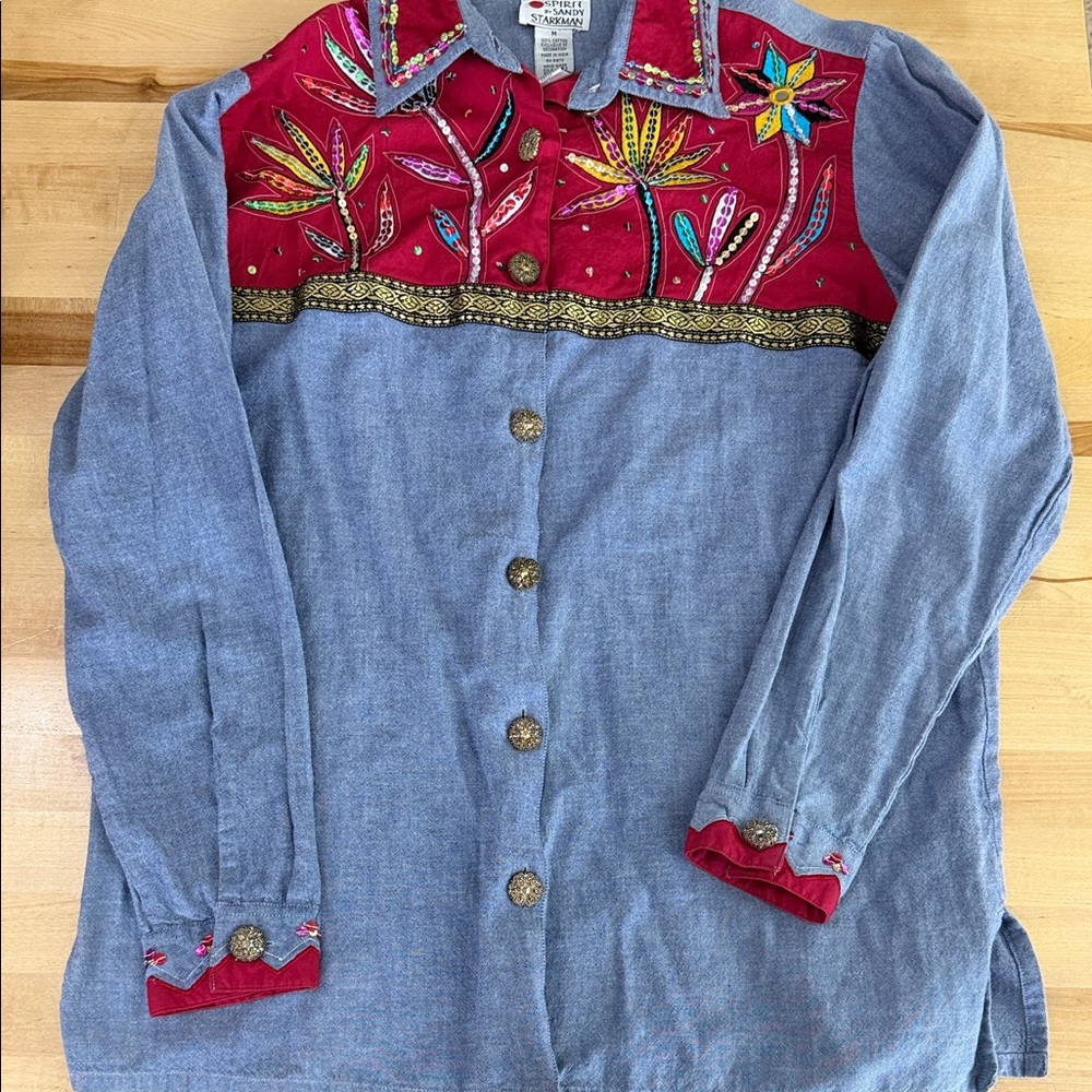 Spirit by Sandy Starkman Embroidered Denim Shirt Vintage Med